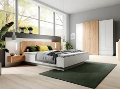 Lit avec chevets 160 x 200 cm - 2 tiroirs - Avec LEDs - Coloris : Blanc et naturel + Sommier - FRANCOLI><noscript><img width=