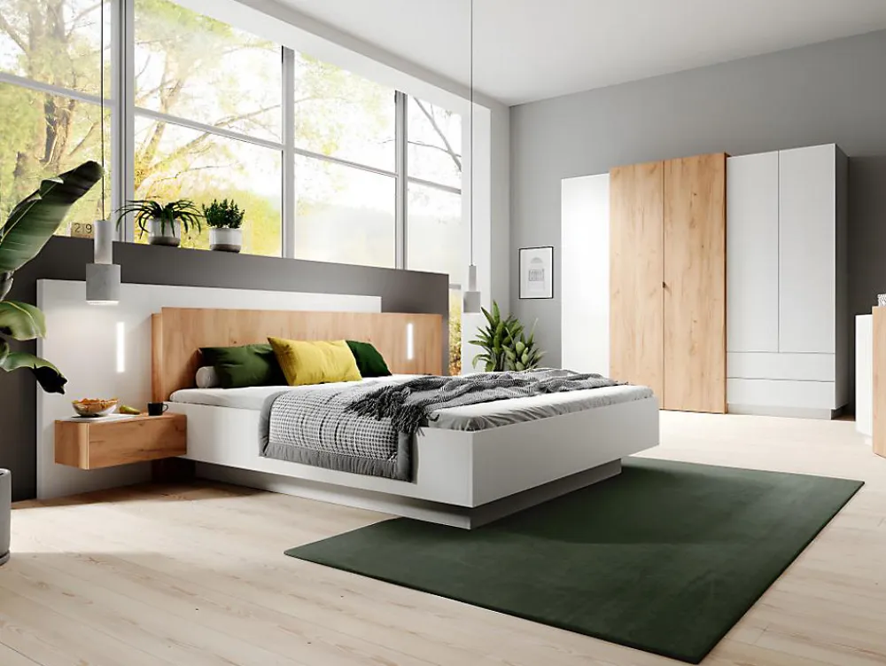 Lit avec chevets 160 x 200 cm - 2 tiroirs - Avec LEDs - Coloris : Blanc et naturel + Sommier - FRANCOLI>Vente-unique Sale