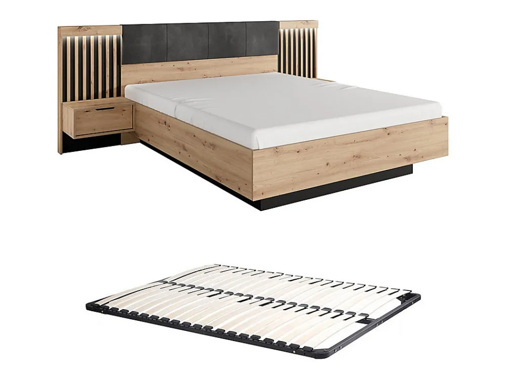 Lit avec chevets 160 x 200 cm - Avec LEDs - Coloris : Naturel et noir + Sommier - ARIADA>Vente-unique Best