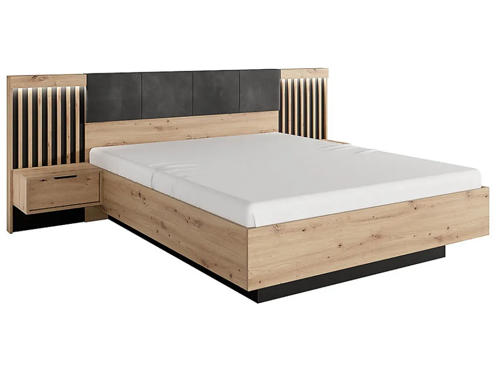 Lit avec chevets 160 x 200 cm - Avec LEDs - Coloris : Naturel et noir + Sommier - ARIADA>Vente-unique Best