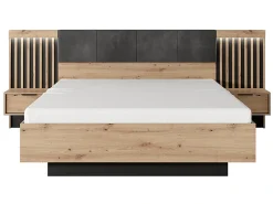 Lit avec chevets 160 x 200 cm - Avec LEDs - Coloris : Naturel et noir + Sommier - ARIADA><noscript><img width=