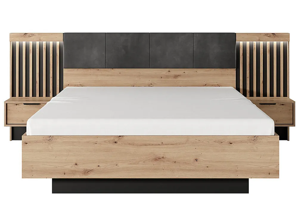 Lit avec chevets 160 x 200 cm - Avec LEDs - Coloris : Naturel et noir + Sommier - ARIADA>Vente-unique Best