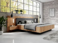 Lit avec chevets 140 x 190 cm - 2 tiroirs - Avec LEDs - Coloris : Naturel et anthracite + Sommier - FRANCOLI>Vente-unique New