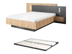 Lit avec chevets 140 x 190 cm - 2 tiroirs - Avec LEDs - Coloris : Naturel et anthracite + Sommier - FRANCOLI><noscript><img width=
