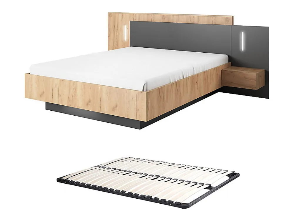 Lit avec chevets 140 x 190 cm - 2 tiroirs - Avec LEDs - Coloris : Naturel et anthracite + Sommier - FRANCOLI>Vente-unique New