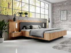 Lit avec chevets 160 x 200 cm - 2 tiroirs - Avec LEDs - Coloris : Naturel et anthracite - FRANCOLI><noscript><img width=
