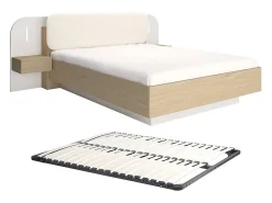 Lit avec chevets 160 x 200 cm - Avec LEDs - Coloris : Beige et naturel + Sommier - LYORIMA>Vente-unique Sale