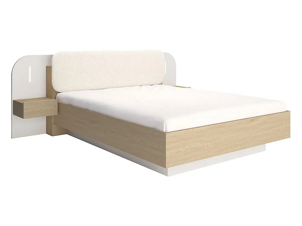 Lit avec chevets 160 x 200 cm - Avec LEDs - Coloris : Beige et naturel + Sommier - LYORIMA>Vente-unique Sale