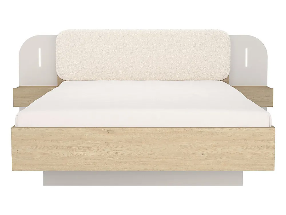 Lit avec chevets 160 x 200 cm - Avec LEDs - Coloris : Beige et naturel + Sommier - LYORIMA>Vente-unique Sale