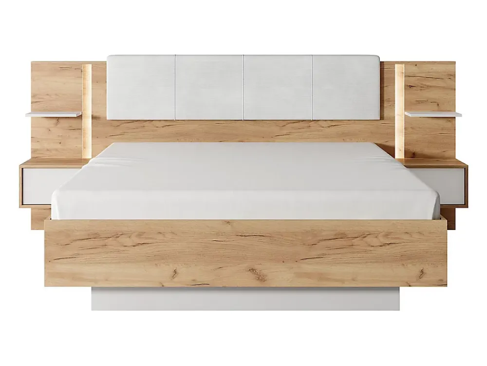 Vente-unique Lit avec chevets 160 x 200 cm - Avec LEDs - Coloris : Naturel et blanc - ELYNIA* Lit Avec Rangement