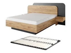 Vente-unique Lit avec chevets 160 x 200 cm - Avec LEDs - Coloris : Naturel et anthracite + Sommier - DESADO* Lit Avec Rangement