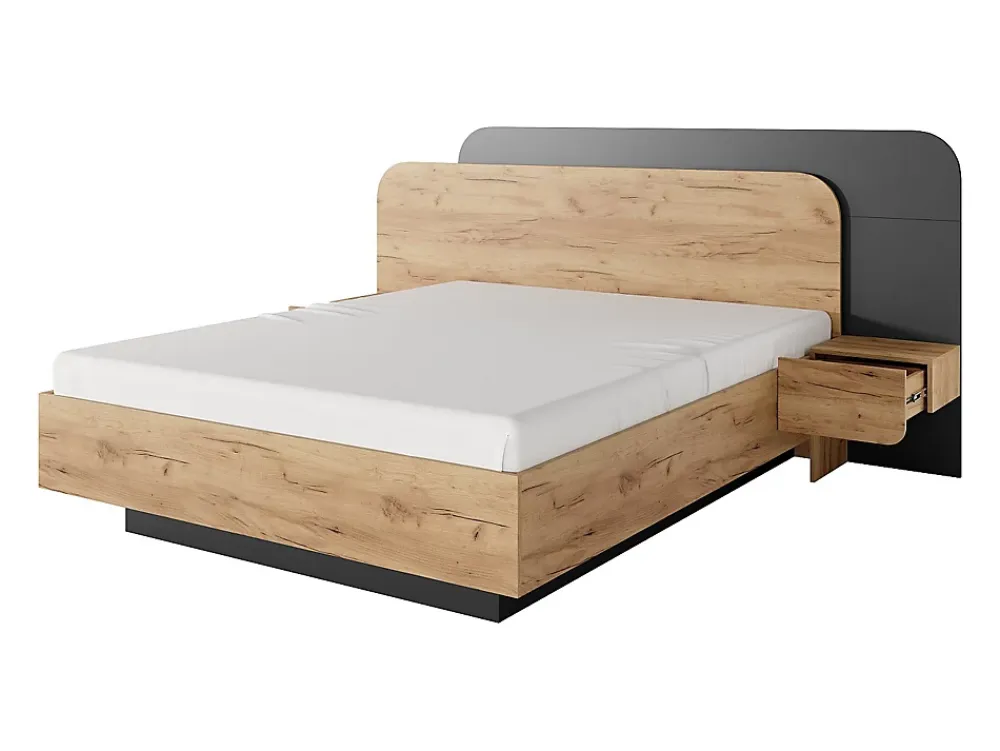 Vente-unique Lit avec chevets 160 x 200 cm - Avec LEDs - Coloris : Naturel et anthracite + Sommier - DESADO* Lit Avec Rangement