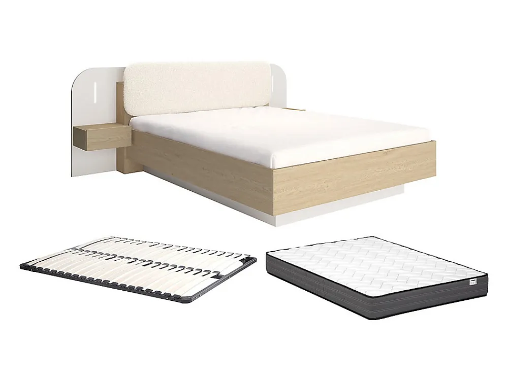 Lit avec chevets 160 x 200 cm - Avec LEDs - Coloris : Beige et naturel + Sommier + Matelas - LYORIMA>Vente-unique Discount