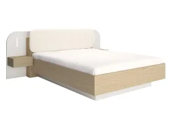 Lit avec chevets 160 x 200 cm - Avec LEDs - Coloris : Beige et naturel + Sommier + Matelas - LYORIMA>Vente-unique Discount