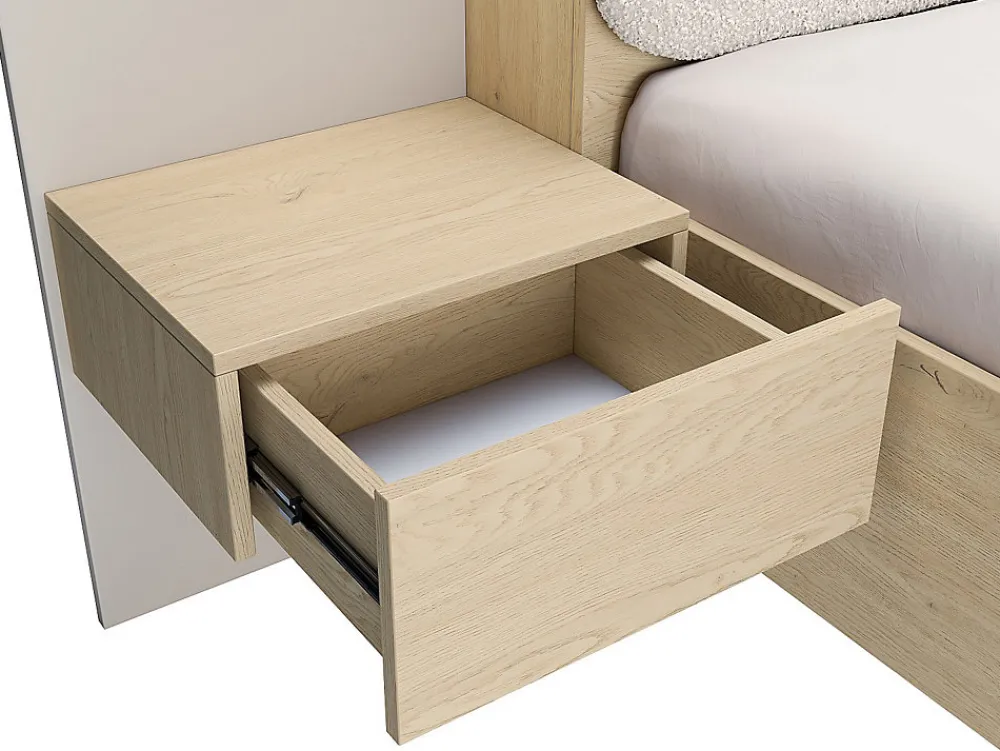 Lit avec chevets 160 x 200 cm - Avec LEDs - Coloris : Beige et naturel + Sommier + Matelas - LYORIMA>Vente-unique Discount