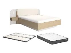 Lit avec chevets 160 x 200 cm - Avec LEDs - Coloris : Beige et naturel + Sommier + Matelas - LYORIMA><noscript><img width=