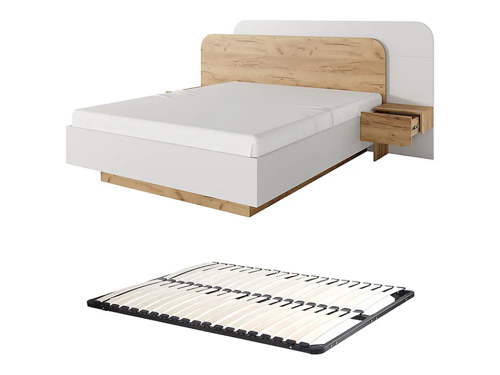 Lit avec chevets 160 x 200 cm - Avec LEDs - Coloris : Naturel et blanc + Sommier - DESADO>Vente-unique New