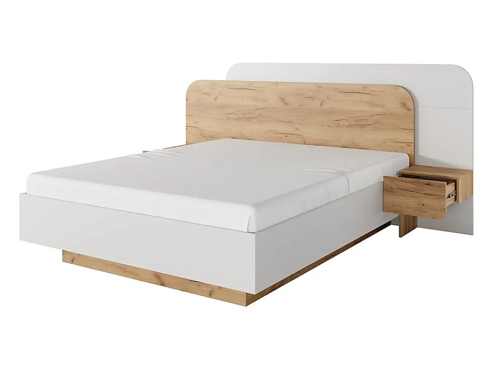 Lit avec chevets 160 x 200 cm - Avec LEDs - Coloris : Naturel et blanc + Sommier - DESADO>Vente-unique New