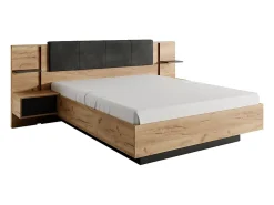 Vente-unique Lit avec chevets 140 x 190 cm - Avec LEDs - Coloris : Naturel et anthracite + Sommier + Matelas - ELYNIA* Lit Avec Rangement