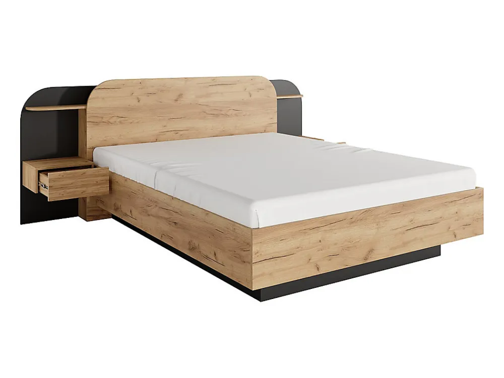 Lit avec chevets 160 x 200 cm - Avec LEDs - Coloris : Naturel et noir + Sommier - JUVISIA>Vente-unique Discount