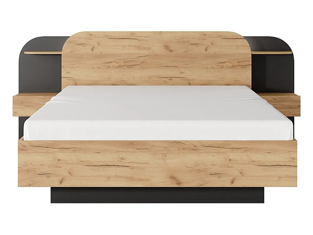 Lit avec chevets 160 x 200 cm - Avec LEDs - Coloris : Naturel et noir + Sommier - JUVISIA>Vente-unique Discount
