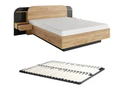 Lit avec chevets 160 x 200 cm - Avec LEDs - Coloris : Naturel et noir + Sommier - JUVISIA><noscript><img width=