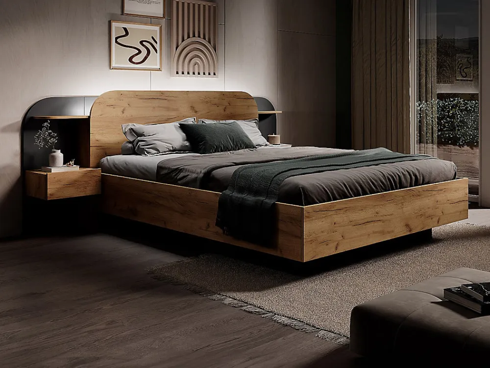 Lit avec chevets 160 x 200 cm - Avec LEDs - Coloris : Naturel et noir + Sommier + Matelas - JUVISIA>Vente-unique Outlet