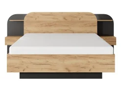 Lit avec chevets 160 x 200 cm - Avec LEDs - Coloris : Naturel et noir + Sommier + Matelas - JUVISIA><noscript><img width=