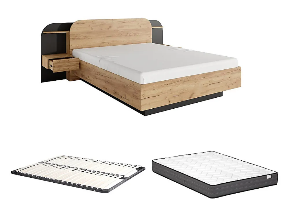 Lit avec chevets 160 x 200 cm - Avec LEDs - Coloris : Naturel et noir + Sommier + Matelas - JUVISIA>Vente-unique Outlet