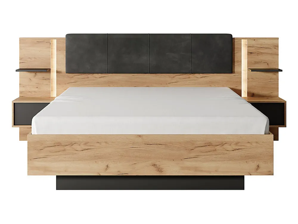 Lit avec chevets 140 x 190 cm - Avec LEDs - Coloris : Naturel et anthracite - ELYNIA>Vente-unique Hot