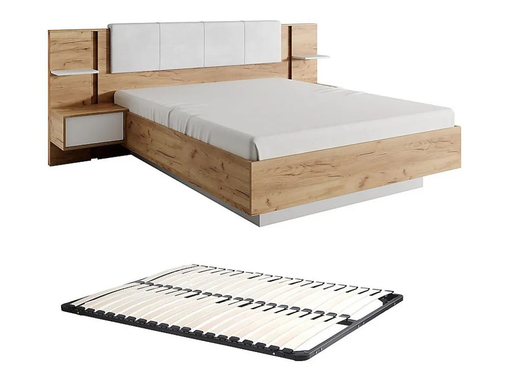 Lit avec chevets 160 x 200 cm - Avec LEDs - Coloris : Naturel et blanc + Sommier - ELYNIA>Vente-unique Hot