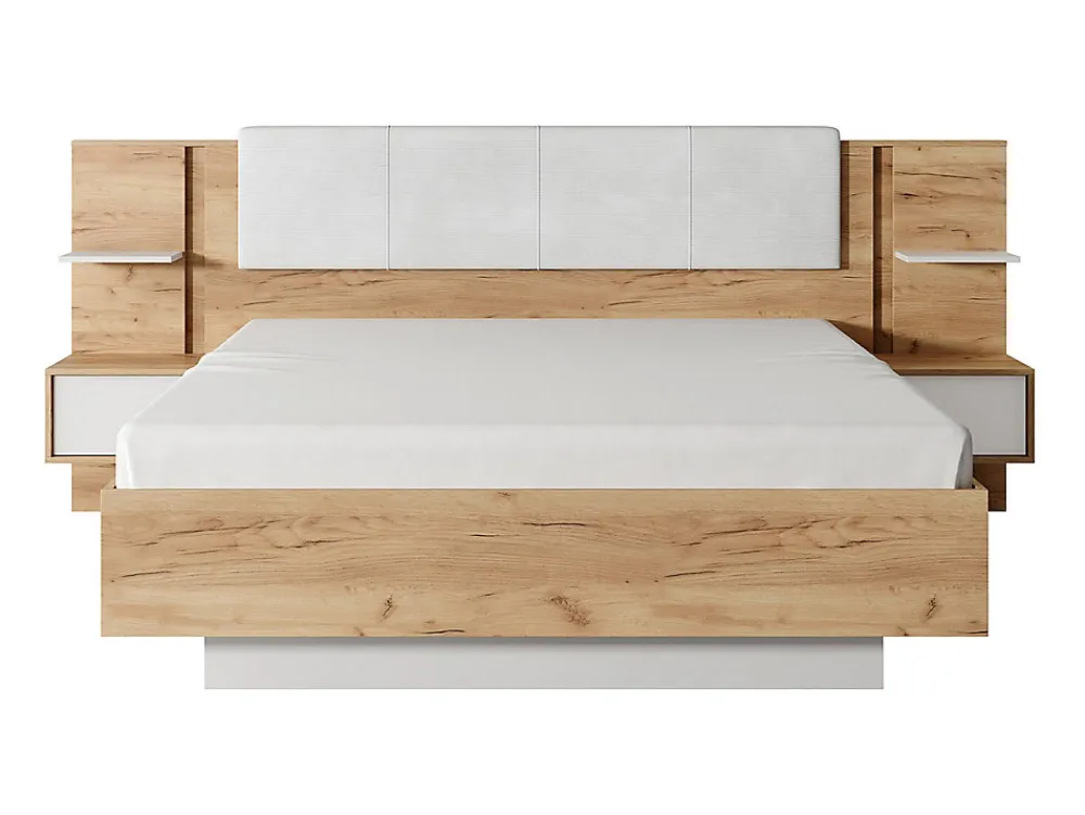Lit avec chevets 160 x 200 cm - Avec LEDs - Coloris : Naturel et blanc + Sommier - ELYNIA>Vente-unique Hot