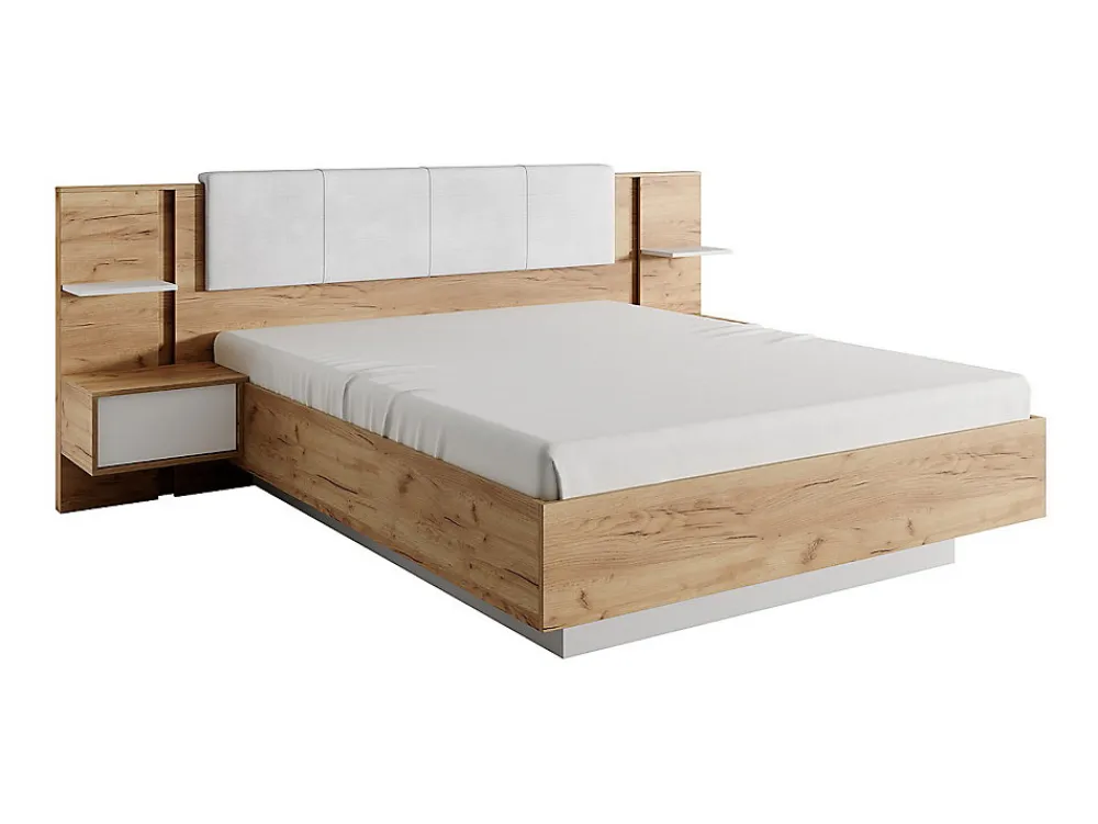 Lit avec chevets 160 x 200 cm - Avec LEDs - Coloris : Naturel et blanc + Sommier - ELYNIA>Vente-unique Hot