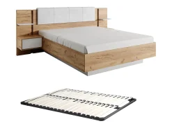 Lit avec chevets 160 x 200 cm - Avec LEDs - Coloris : Naturel et blanc + Sommier - ELYNIA><noscript><img width=