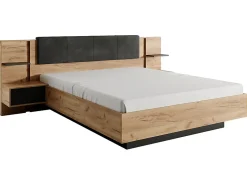 Lit avec chevets 160 x 200 cm - Avec LEDs - Coloris : Naturel et anthracite + Sommier + Matelas - ELYNIA>Vente-unique New