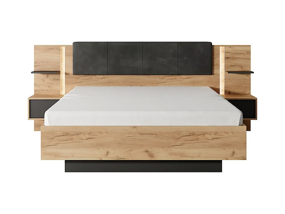 Lit avec chevets 160 x 200 cm - Avec LEDs - Coloris : Naturel et anthracite + Sommier + Matelas - ELYNIA>Vente-unique New