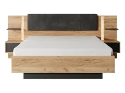 Vente-unique Lit avec chevets 140 x 190 cm - Avec LEDs - Coloris : Naturel et anthracite + Sommier - ELYNIA* Lit Avec Rangement