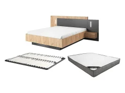 Lit avec chevets 160 x 200 cm - 2 tiroirs - Avec LEDs - Coloris : Naturel et anthracite + Sommier + Matelas - FRANCOLI>Vente-unique Outlet