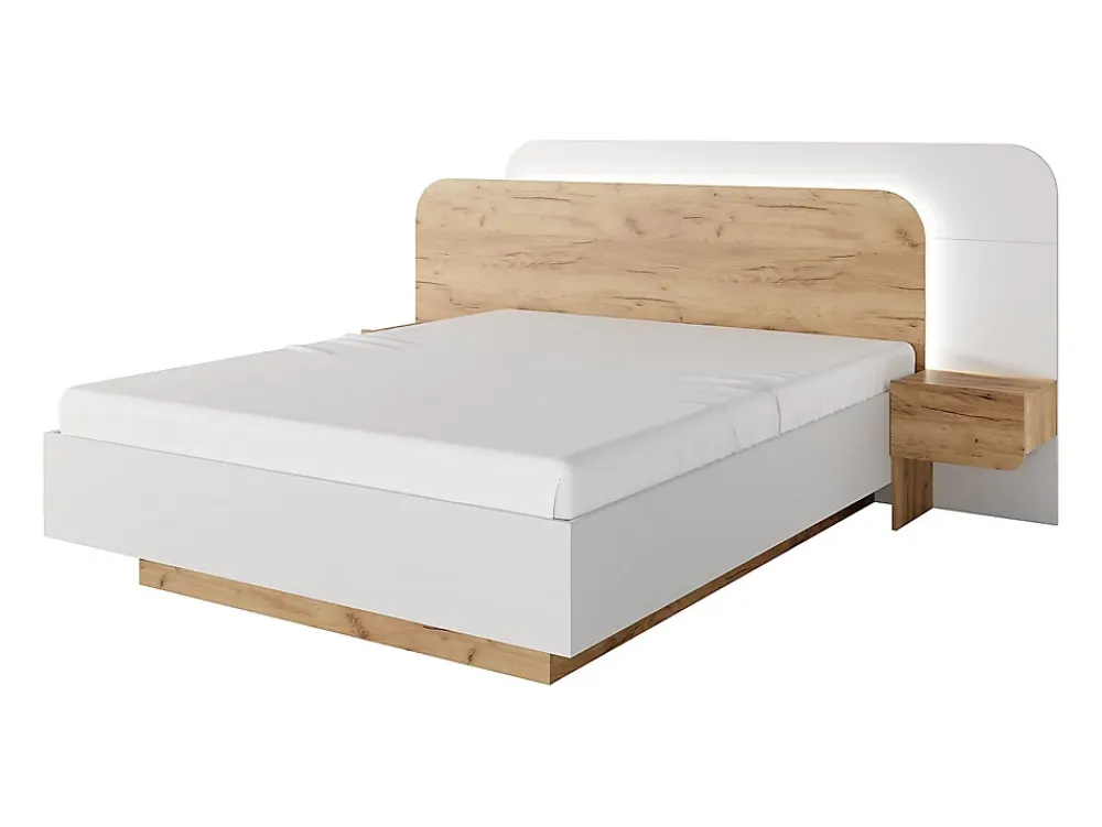 Vente-unique Lit avec chevets 160 x 200 cm - Avec LEDs - Coloris : Naturel et blanc + Sommier + Matelas - DESADO* Lit Avec Rangement