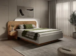 Vente-unique Lit avec chevets 160 x 200 cm - Avec LEDs - Coloris : Naturel et blanc + Sommier + Matelas - DESADO* Lit Avec Rangement