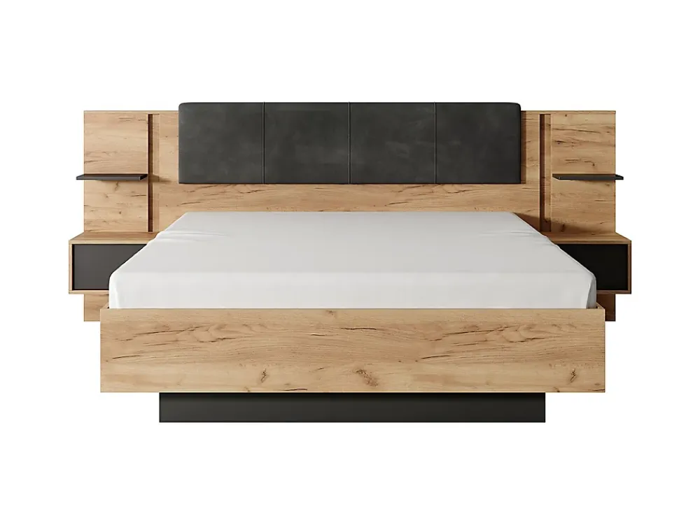Vente-unique Lit avec chevets 160 x 200 cm - Avec LEDs - Coloris : Naturel et anthracite + Sommier + Matelas - ELYNIA* Lit Avec Rangement