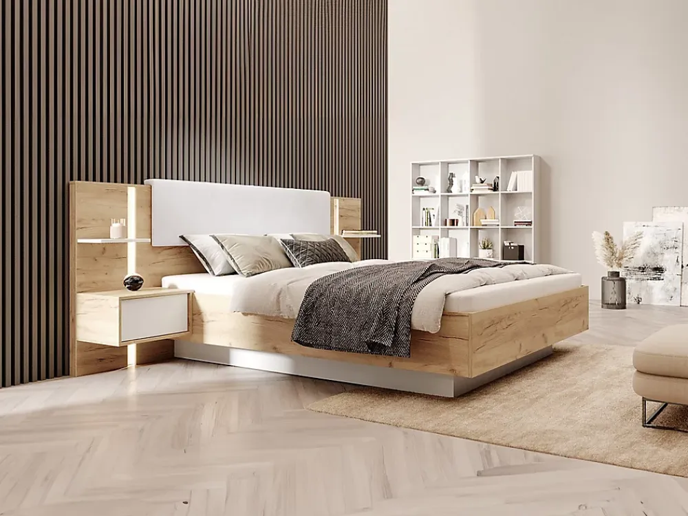 Vente-unique Lit avec chevets 160 x 200 cm - Avec LEDs - Coloris : Naturel et blanc + Sommier + Matelas - ELYNIA* Lit Avec Rangement