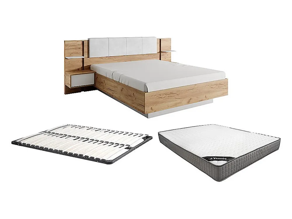 Vente-unique Lit avec chevets 160 x 200 cm - Avec LEDs - Coloris : Naturel et blanc + Sommier + Matelas - ELYNIA* Lit Avec Rangement