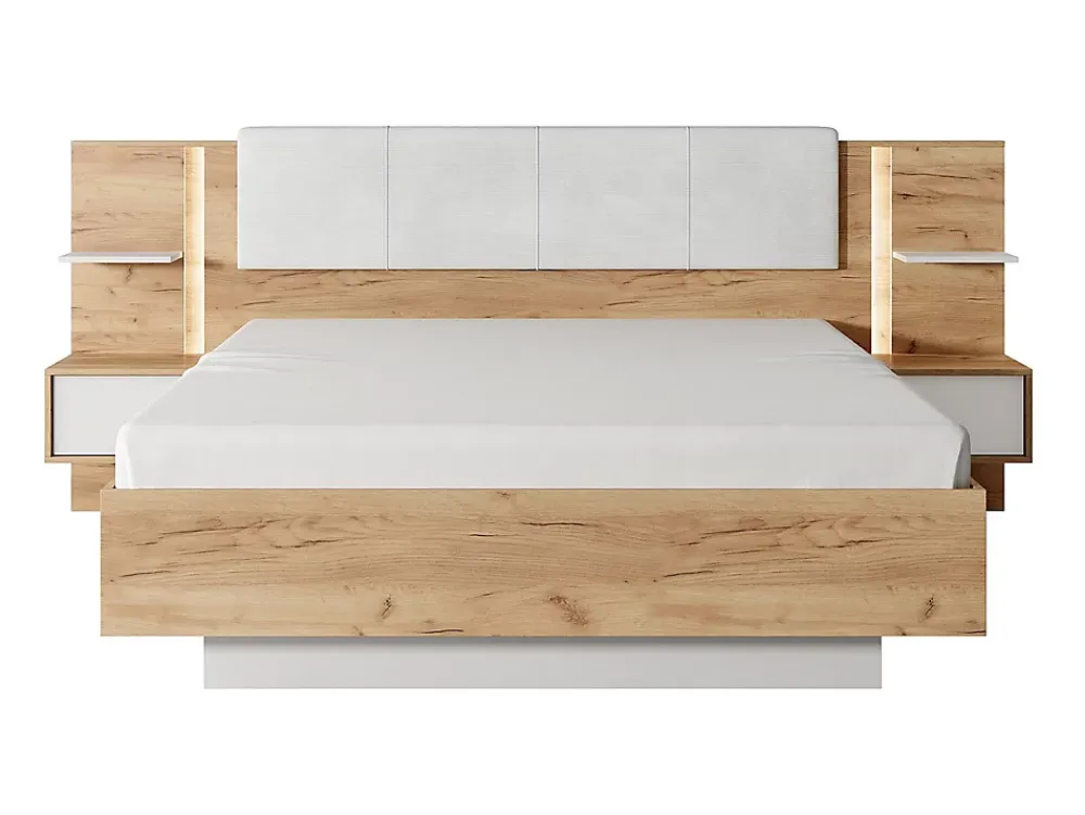 Vente-unique Lit avec chevets 160 x 200 cm - Avec LEDs - Coloris : Naturel et blanc + Sommier + Matelas - ELYNIA* Lit Avec Rangement