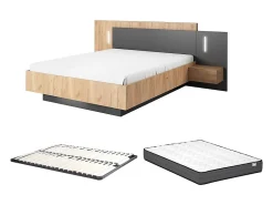 Lit avec chevets 140 x 190 cm - 2 tiroirs - Avec LEDs - Coloris : Naturel et anthracite + Sommier + Matelas - FRANCOLI>Vente-unique Outlet