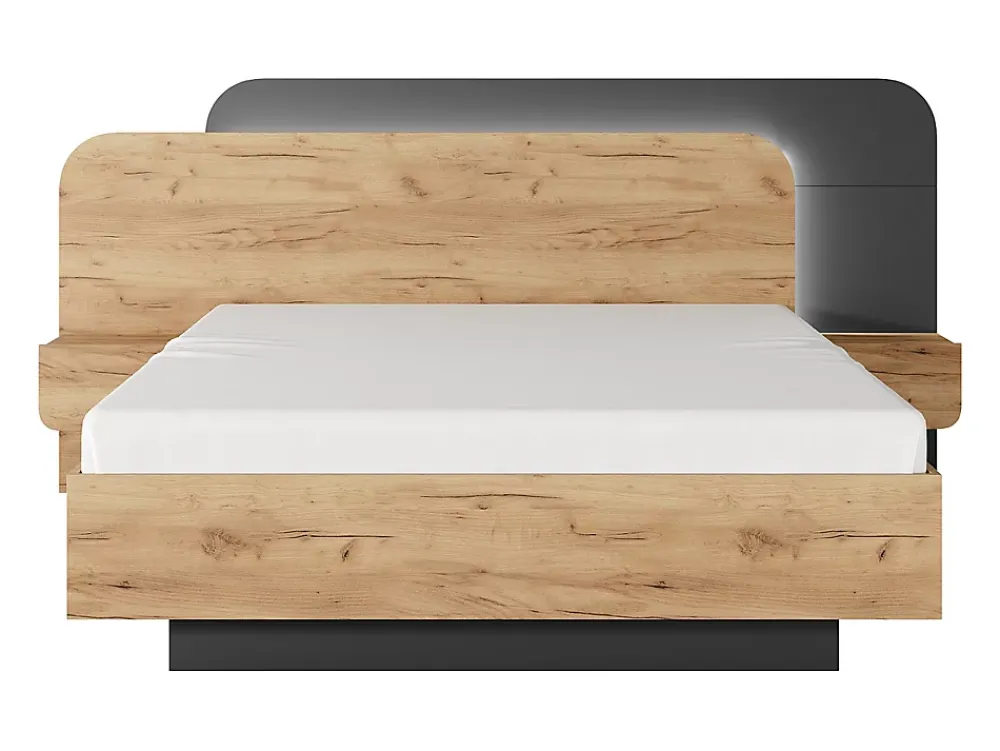 Vente-unique Lit avec chevets 160 x 200 cm - Avec LEDs - Coloris : Naturel et anthracite + Sommier + Matelas - DESADO* Lit Avec Rangement