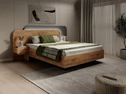 Vente-unique Lit avec chevets 160 x 200 cm - Avec LEDs - Coloris : Naturel et anthracite + Sommier + Matelas - DESADO* Lit Avec Rangement