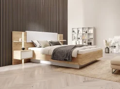 Vente-unique Lit avec chevets 160 x 200 cm - Avec LEDs - Coloris : Naturel et blanc + Sommier + Matelas - ELYNIA* Lit Avec Rangement