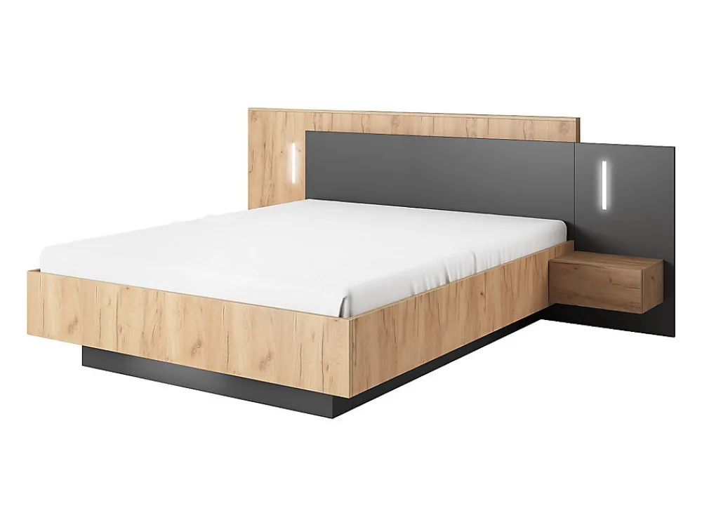Lit avec chevets 140 x 190 cm - 2 tiroirs - Avec LEDs - Coloris : Naturel et anthracite + Sommier + Matelas - FRANCOLI>Vente-unique Hot
