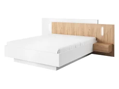 Lit avec chevets 160 x 200 cm - 2 tiroirs - Avec LEDs - Blanc et naturel + Sommier + Matelas - FRANCOLI>Vente-unique Best